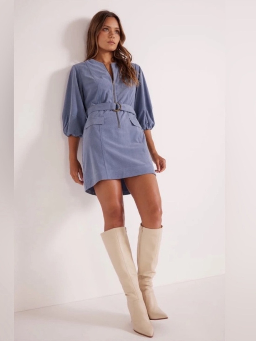 MINKPINK Dusty Blue Mini Shirt Dress with Belt